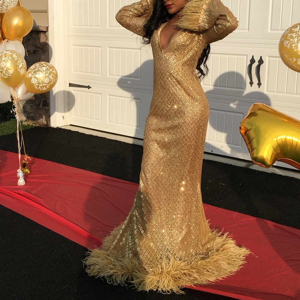 Gold Glitter Gown with Ostrich Feather Trim